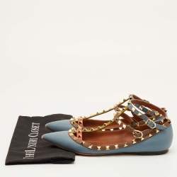 Pre Owned Valentino Rockstud Size 39 Multicolor Leather Pointed Toe Ankle Strap Ballet Flats