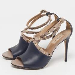 Pre Owned Valentino Rockstud Size 38 Beige/Blue Leather Slingback Sandals