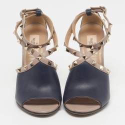 Pre Owned Valentino Rockstud Size 38 Beige/Blue Leather Slingback Sandals