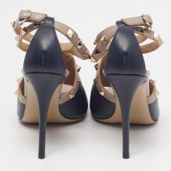 Pre Owned Valentino Rockstud Size 38 Beige/Blue Leather Slingback Sandals