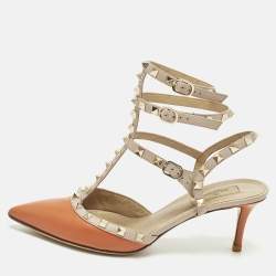 Pre Owned Valentino Rockstud Caged Size 40.5 Beige/Orange Leather Pumps