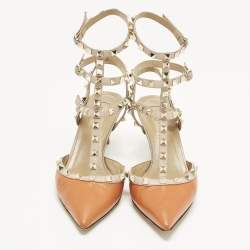 Pre Owned Valentino Rockstud Caged Size 40.5 Beige/Orange Leather Pumps