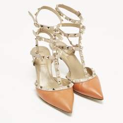 Pre Owned Valentino Rockstud Caged Size 40.5 Beige/Orange Leather Pumps