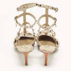 Pre Owned Valentino Rockstud Caged Size 40.5 Beige/Orange Leather Pumps