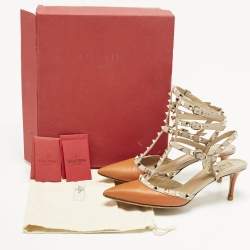 Pre Owned Valentino Rockstud Caged Size 40.5 Beige/Orange Leather Pumps