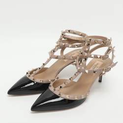 Pre Owned Valentino Rockstud Size 40 Black/Beige Patent and Leather Ankle Strap Pumps