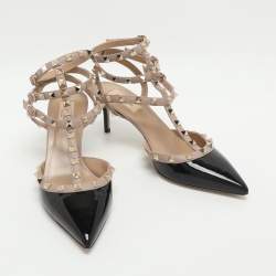 Pre Owned Valentino Rockstud Size 40 Black/Beige Patent and Leather Ankle Strap Pumps