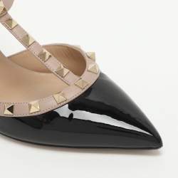 Pre Owned Valentino Rockstud Size 40 Black/Beige Patent and Leather Ankle Strap Pumps