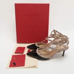 Pre Owned Valentino Rockstud Size 40 Black/Beige Patent and Leather Ankle Strap Pumps