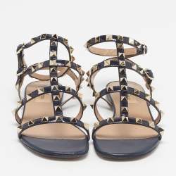 Pre Owned صندل فلات فالتنينو روكستد جلد أسود مقاس 40