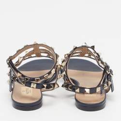 Pre Owned صندل فلات فالتنينو روكستد جلد أسود مقاس 40