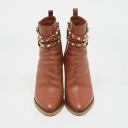 Pre Owned Valentino Rockstud Size 38 Brown Leather Ankle Length Boots