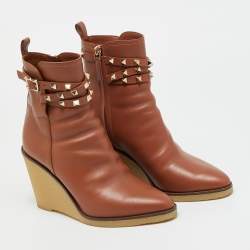 Pre Owned Valentino Rockstud Size 38 Brown Leather Ankle Length Boots