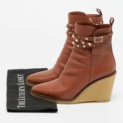 Pre Owned Valentino Rockstud Size 38 Brown Leather Ankle Length Boots