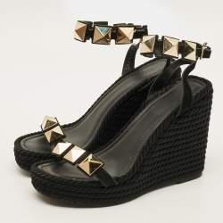 Pre Owned صندل فالنتينو سويدي أسود إسبادريل إسفين بحلية معدنية مقاس 38