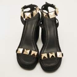 Pre Owned صندل فالنتينو سويدي أسود إسبادريل إسفين بحلية معدنية مقاس 38