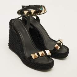 Pre Owned صندل فالنتينو سويدي أسود إسبادريل إسفين بحلية معدنية مقاس 38