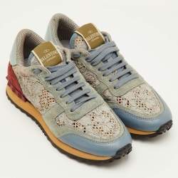 Pre Owned حذاء رياضي فالنتينو روك رنر جلد ودانتيل وزر بلون أزرق/ماروني عنق منخفض مقاس 36