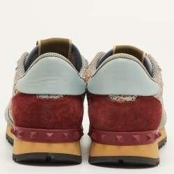 Pre Owned حذاء رياضي فالنتينو روك رنر جلد ودانتيل وزر بلون أزرق/ماروني عنق منخفض مقاس 36