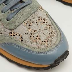 Pre Owned حذاء رياضي فالنتينو روك رنر جلد ودانتيل وزر بلون أزرق/ماروني عنق منخفض مقاس 36