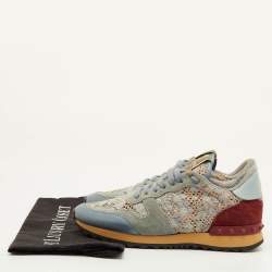 Pre Owned حذاء رياضي فالنتينو روك رنر جلد ودانتيل وزر بلون أزرق/ماروني عنق منخفض مقاس 36