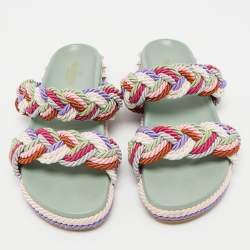 Pre Owned Valentino Rockstud Size 40 Multicolor Rope And Leather Flat Sandals