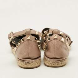 مملوكة مسبقًا Valentino Rockstud Size 38 Beige Leather Ankle Wrap Espadrille Flats