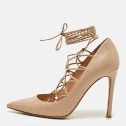 Pre Owned Valentino Rockstud Size 38 Beige Leather Lace Up Pointed Toe Pumps