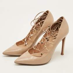 Pre Owned Valentino Rockstud Size 38 Beige Leather Lace Up Pointed Toe Pumps