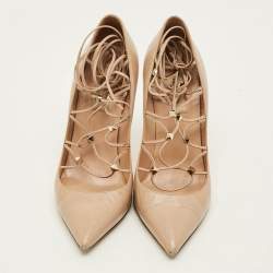 Pre Owned Valentino Rockstud Size 38 Beige Leather Lace Up Pointed Toe Pumps
