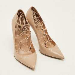 Pre Owned Valentino Rockstud Size 38 Beige Leather Lace Up Pointed Toe Pumps