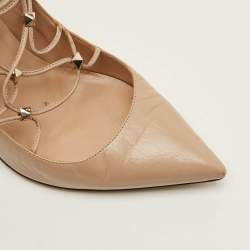 Pre Owned Valentino Rockstud Size 38 Beige Leather Lace Up Pointed Toe Pumps