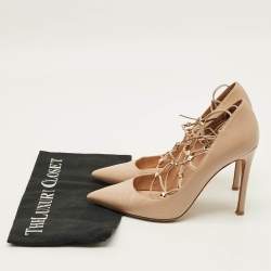 Pre Owned Valentino Rockstud Size 38 Beige Leather Lace Up Pointed Toe Pumps
