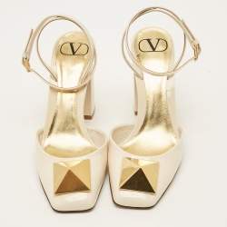 Pre Owned Valentino One Stud Size 38 Cream Patent Leather Ankle Strap Pumps