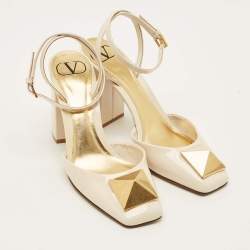 Pre Owned Valentino One Stud Size 38 Cream Patent Leather Ankle Strap Pumps