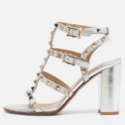 Pre Owned Valentino VLogo Size 36 Silver Leather Ankle Strap Sandals