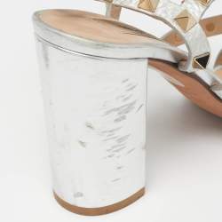 Pre Owned Valentino VLogo Size 36 Silver Leather Ankle Strap Sandals