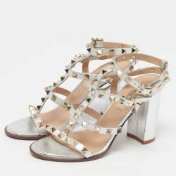 Pre Owned Valentino VLogo Size 36 Silver Leather Ankle Strap Sandals