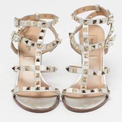 Pre Owned Valentino VLogo Size 36 Silver Leather Ankle Strap Sandals