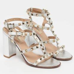 Pre Owned Valentino VLogo Size 36 Silver Leather Ankle Strap Sandals