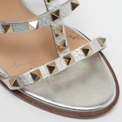 Pre Owned Valentino VLogo Size 36 Silver Leather Ankle Strap Sandals