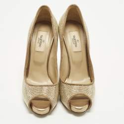 مملوكة مسبقًا Valentino Size 37.5 Beige/Gold Suede Peep Toe Pumps