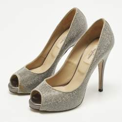 Pre Owned Valentino Size 38 Metallic Silver/Grey Suede Crystal Embellished Peep Toe Pumps