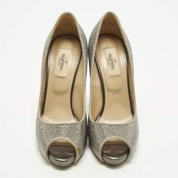 Pre Owned Valentino Size 38 Metallic Silver/Grey Suede Crystal Embellished Peep Toe Pumps