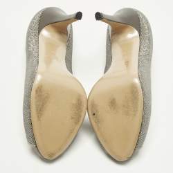 Pre Owned Valentino Size 38 Metallic Silver/Grey Suede Crystal Embellished Peep Toe Pumps