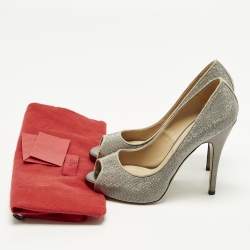 Pre Owned Valentino Size 38 Metallic Silver/Grey Suede Crystal Embellished Peep Toe Pumps
