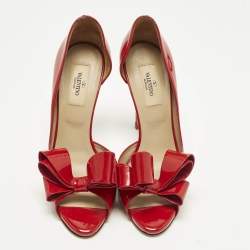 Pre Owned حذاء كعب عالي فالنتينو مفتوح من الأمام جلد لامع أحمر بفيونكة دورسي مقاس 38