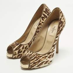 Pre Owned Valentino Size 38 Beige/Brown Calf Hair Platform Peep Toe Pumps