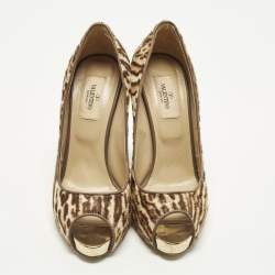 Pre Owned Valentino Size 38 Beige/Brown Calf Hair Platform Peep Toe Pumps
