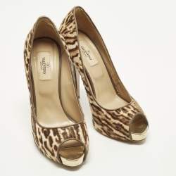 Pre Owned Valentino Size 38 Beige/Brown Calf Hair Platform Peep Toe Pumps